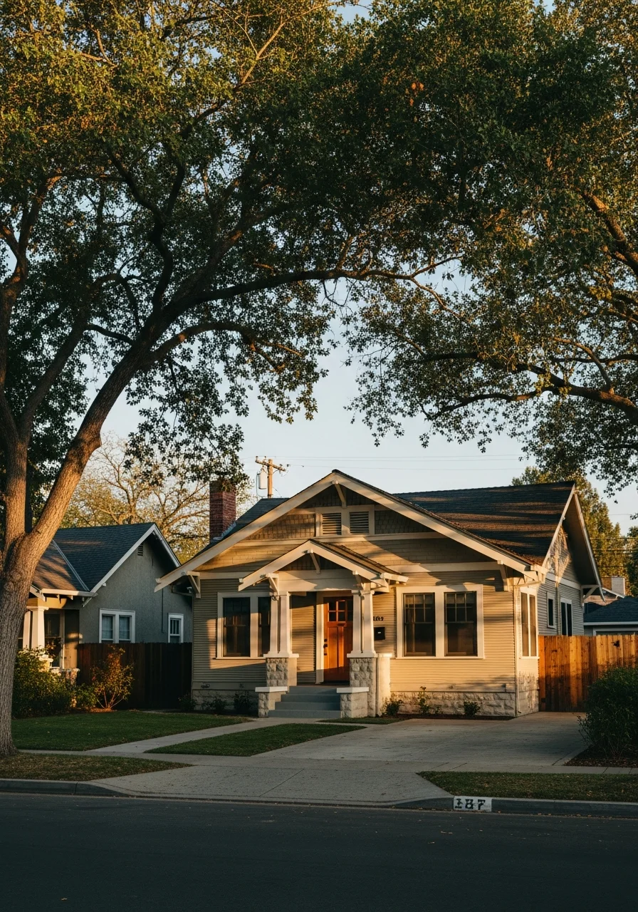Established East Sacramento home exterior with updated entry and original architectural details.