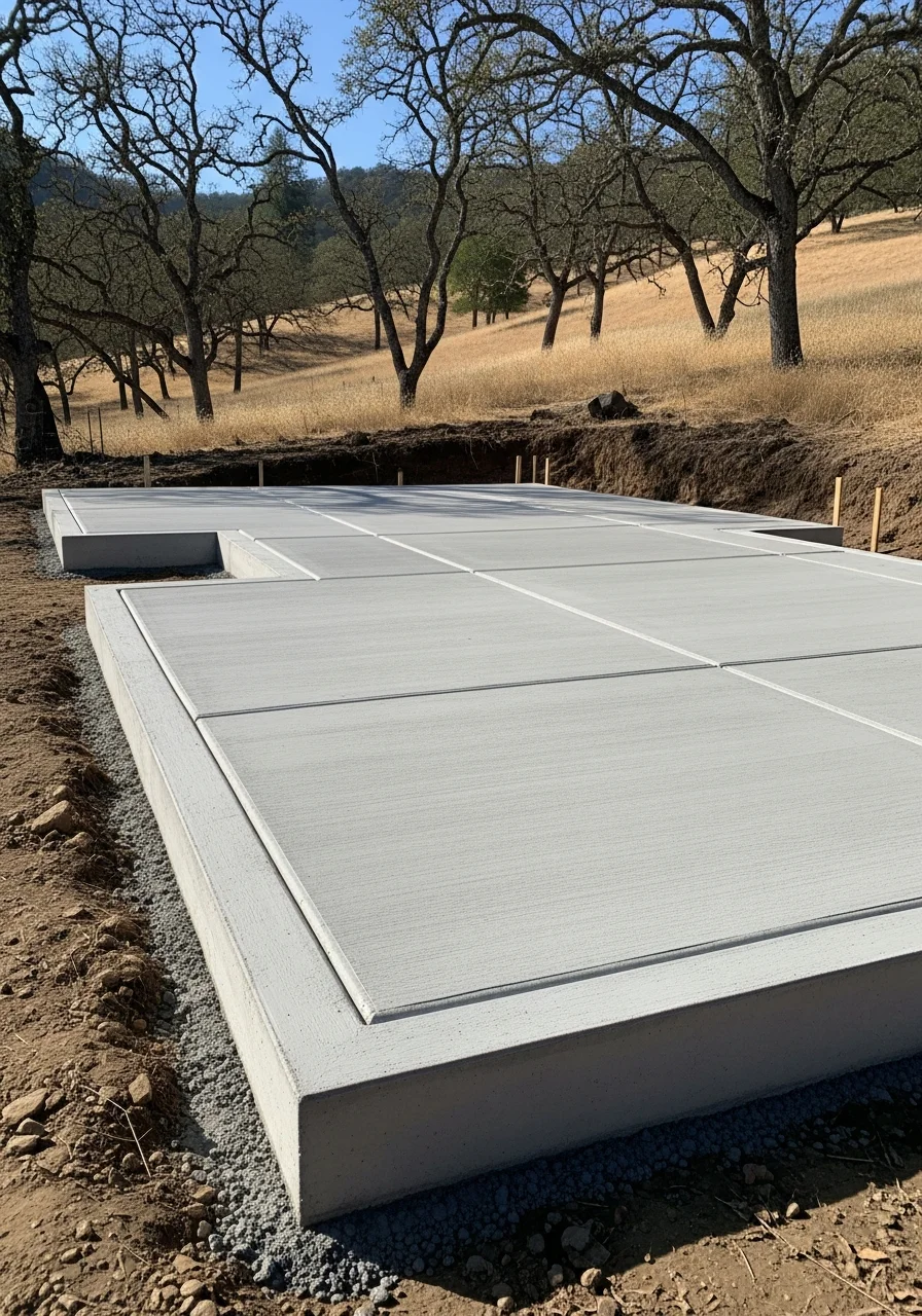 Close-up of Newcastle residential foundation and landscaping on uneven terrain.