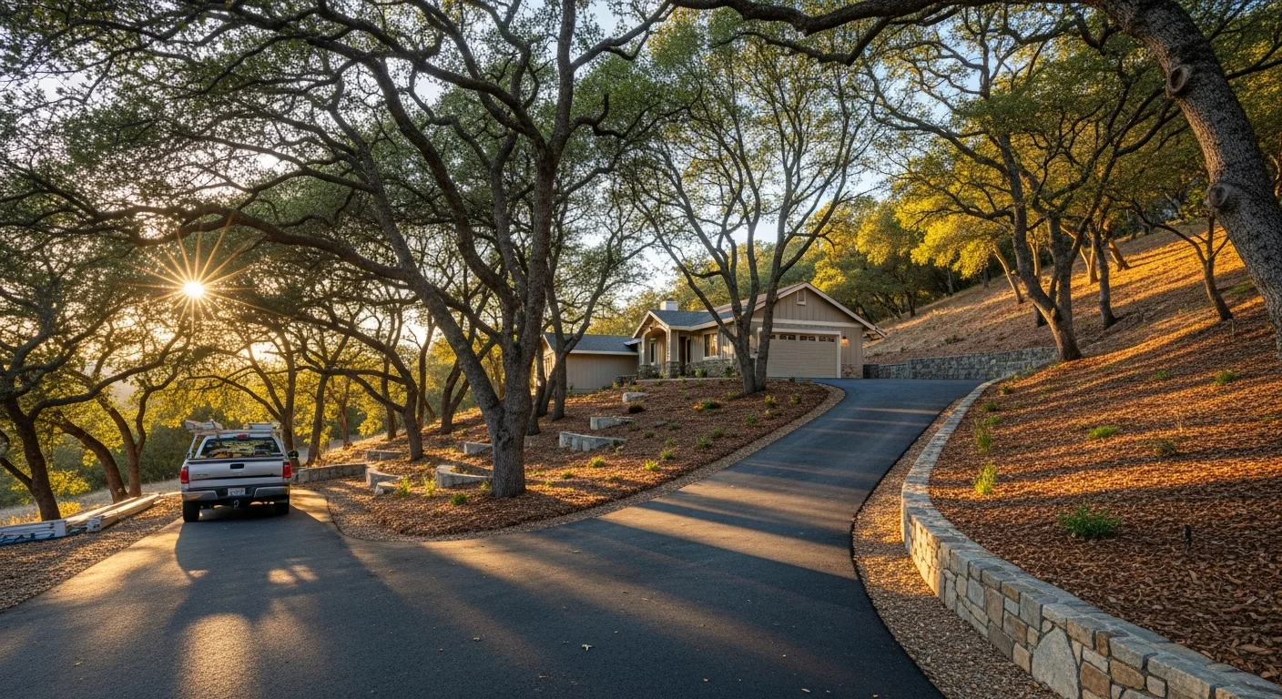 Newcastle hillside home with mature trees and sloped driveway in afternoon light.