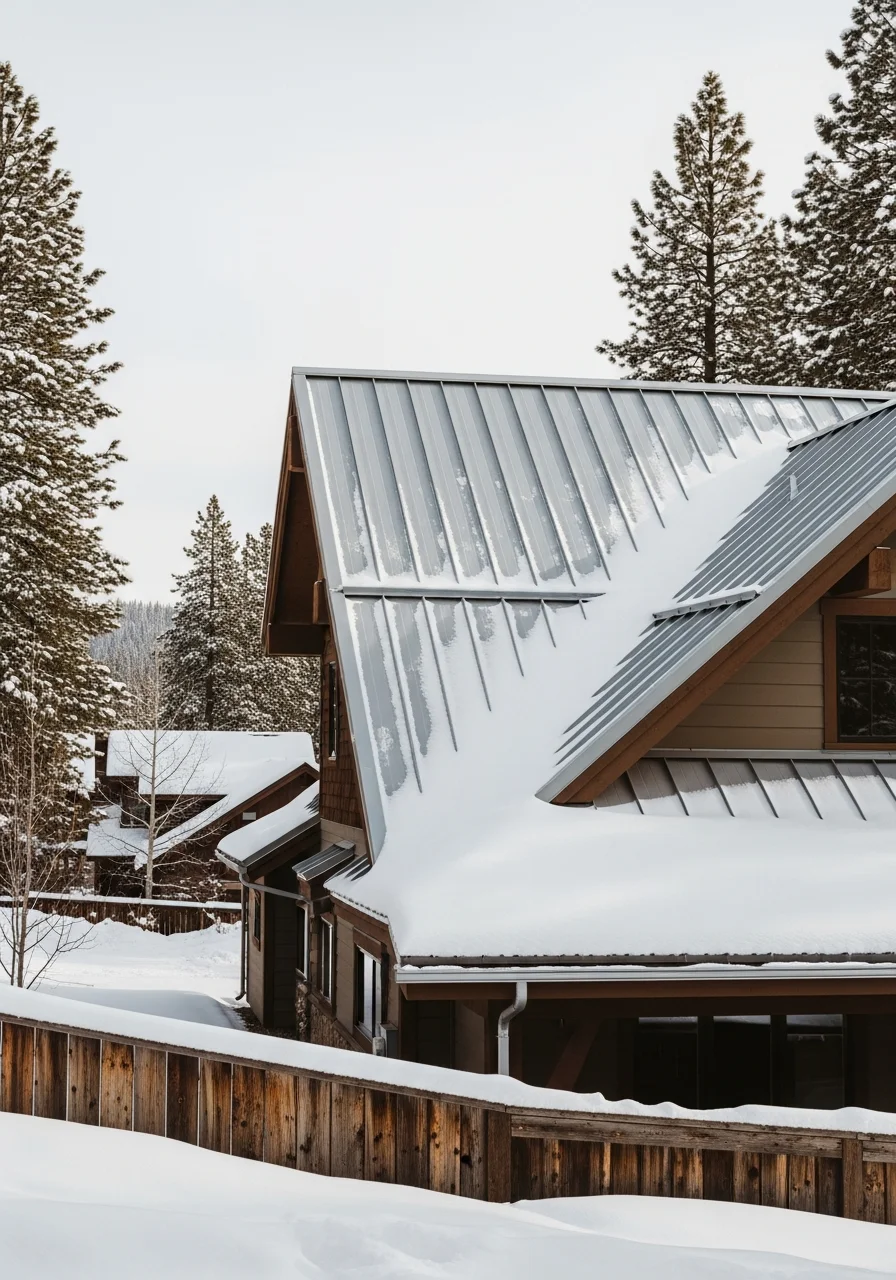 Truckee residential exterior showing heavy-duty roofing and winter-ready construction details.