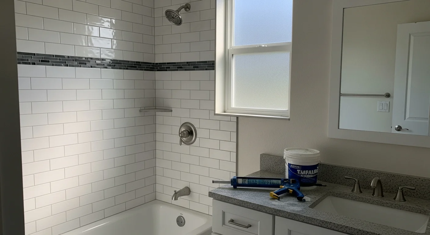 A remodeled bathroom interior in a Newcastle, California home showing new tile flooring, an updated walk-in shower with clean grout lines, and a modern vanity with fresh fixtures. The space reflects a practical, finished remodel typical of Placer County foothill residential properties.
