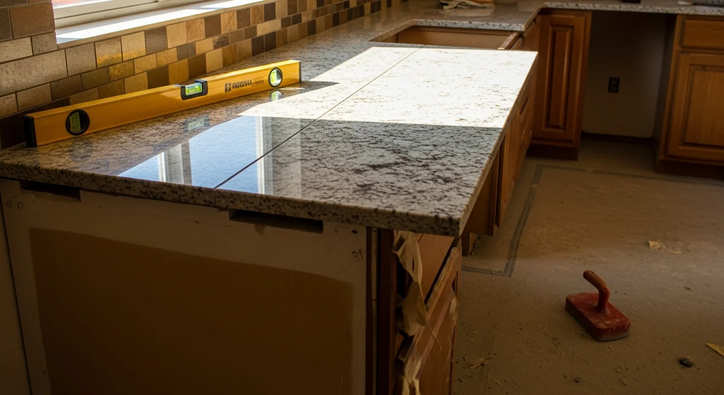 Newly installed kitchen countertop in a single-family home in Newcastle, California, showing clean seams and finished edges against existing cabinetry. The updated surface reflects a completed countertop installation by Doug Briggs Construction Inc in a Placer County foothill home.