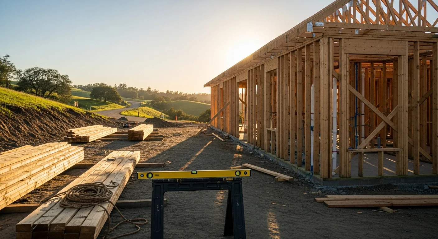 A newly completed custom home on a large rural lot in Newcastle, California, with a sloped hillside backdrop and open sky. The single-story structure features a covered front entry and a gravel driveway, reflecting the rural character of the Placer County foothills.