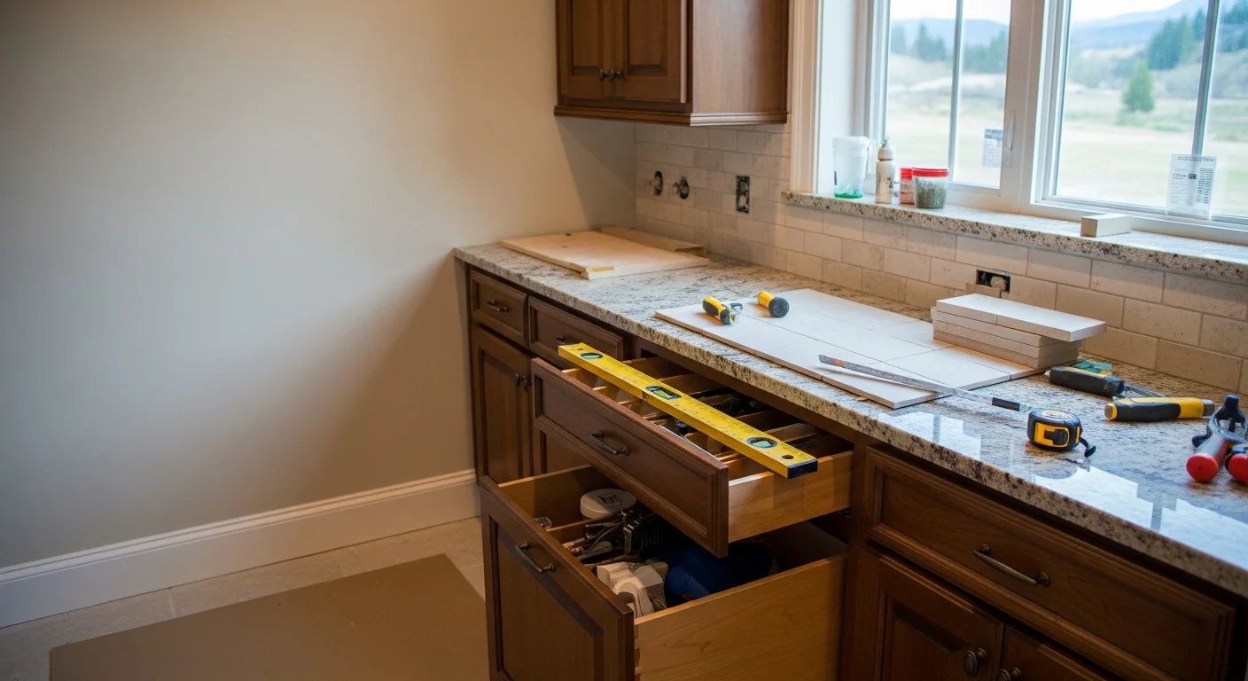 Finished custom kitchen remodel inside a Newcastle, California home showing new cabinetry, a center island, and updated countertops. The space reflects a practical open layout suited to a Sierra Nevada foothill property.