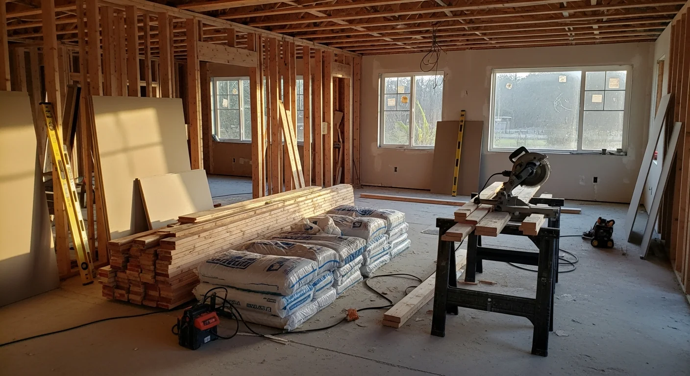 Fully renovated single-story home in Newcastle, California, showing updated exterior siding, new windows, and a refreshed entryway on a rural foothill lot. Interior view of an open-concept living and kitchen area after a complete renovation by a Placer County general contractor.