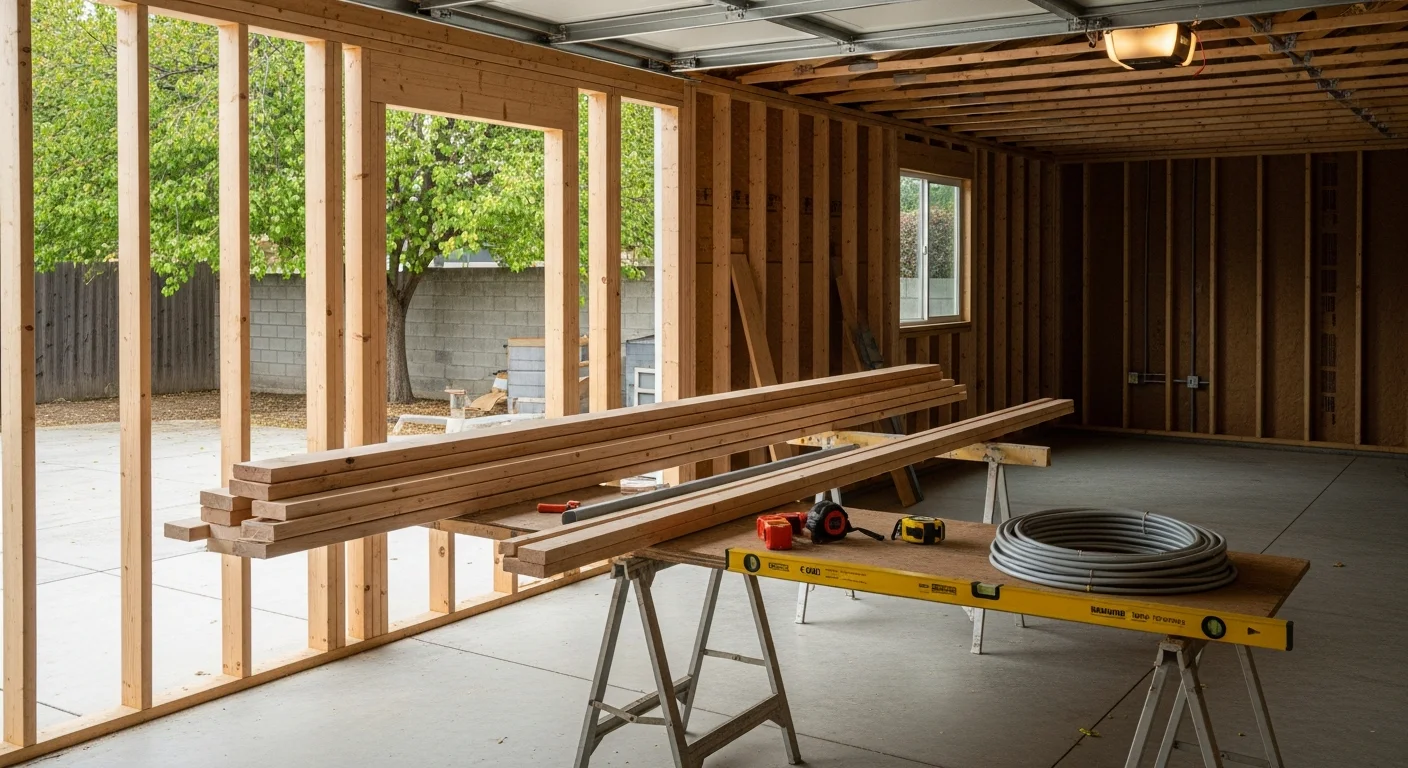 A finished garage conversion ADU interior in Newcastle, California, showing insulated walls, a kitchenette, and a separate exterior entry door. The converted space sits within the original garage footprint on a single-family Placer County lot.