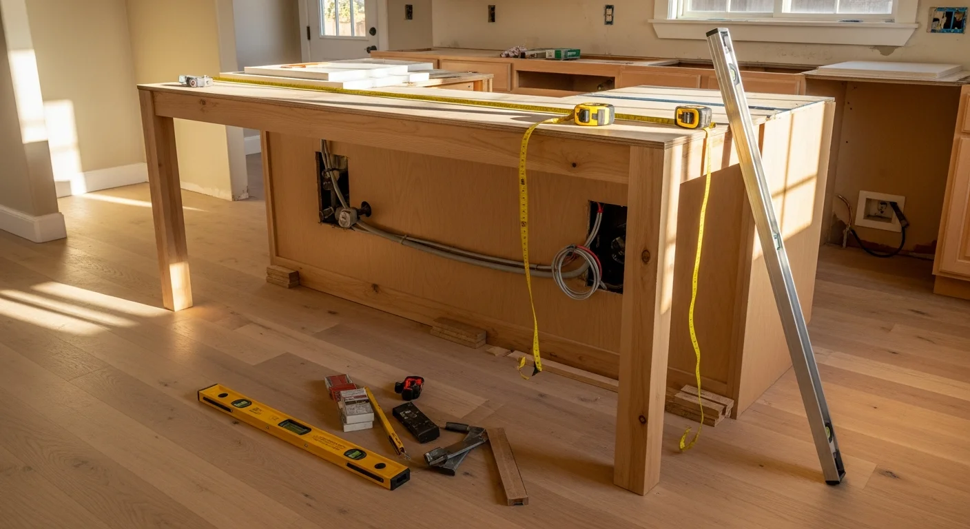 A newly installed custom kitchen island with a stone countertop and built-in cabinetry in a Newcastle, California home. The island includes seating on one side and sits centered in an open-plan kitchen with clear walkway clearance on all sides.