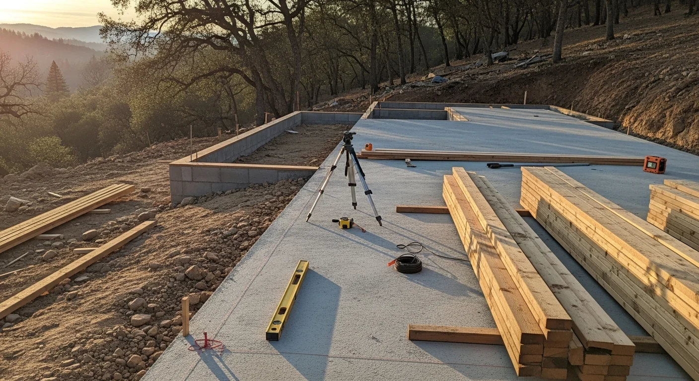 A newly constructed single-story home on a large rural parcel in Newcastle, California, with a concrete foundation, wood-framed exterior walls, and open foothill terrain visible in the background. The structure shows completed framing and exterior sheathing at the new home construction stage.