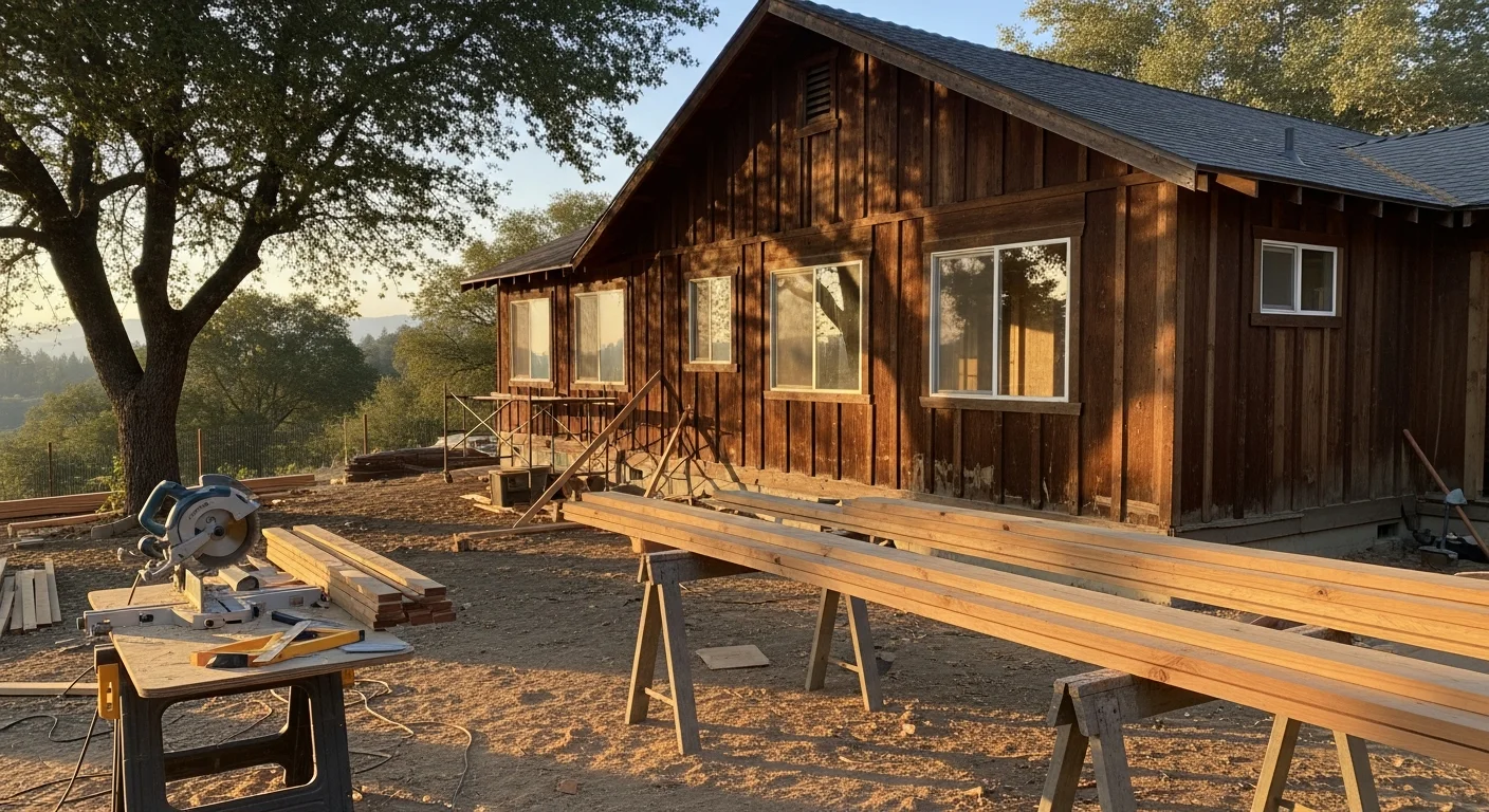 A completed residential construction project on a wooded lot in Newcastle, California, showing a wood-frame home with a finished addition and new exterior siding. The property reflects the rural foothill setting typical of Placer County homes in the Newcastle area.